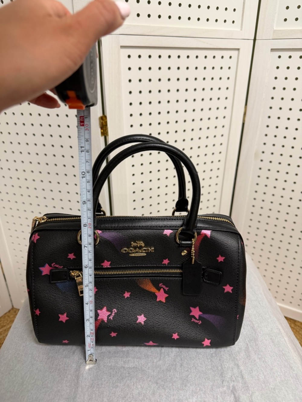 Coach Rowan Satchel Canvas Leather Shooting Disco Star Print Medium Black Pink - Picture 7 of 8